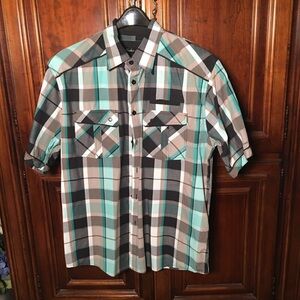 Knockout Jeans Mens Shirt Plaid button up with cowboy Pearl Snap Pockets 2X